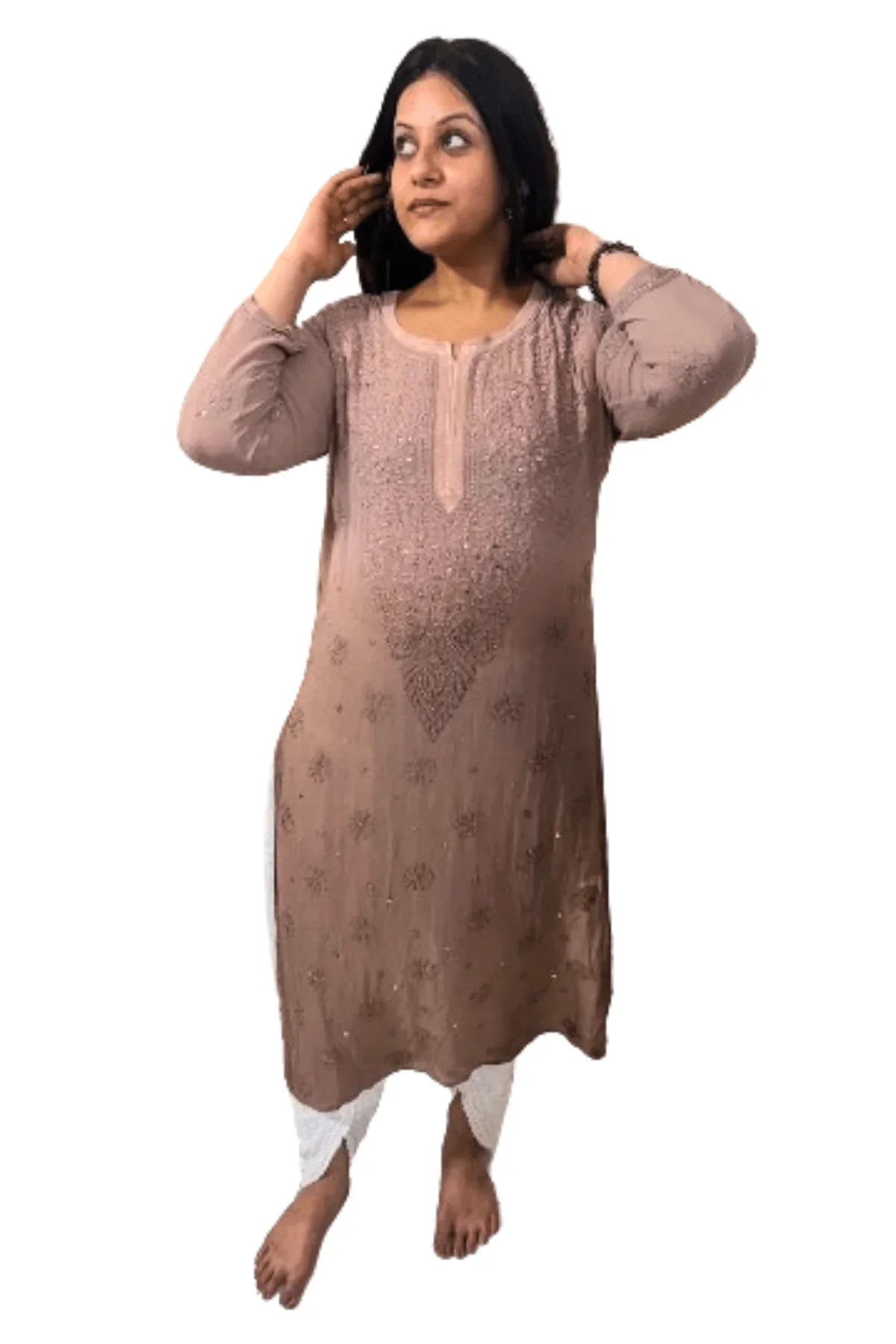 Brown Viscose Mukesh Work Long Kurti - Awadhkari