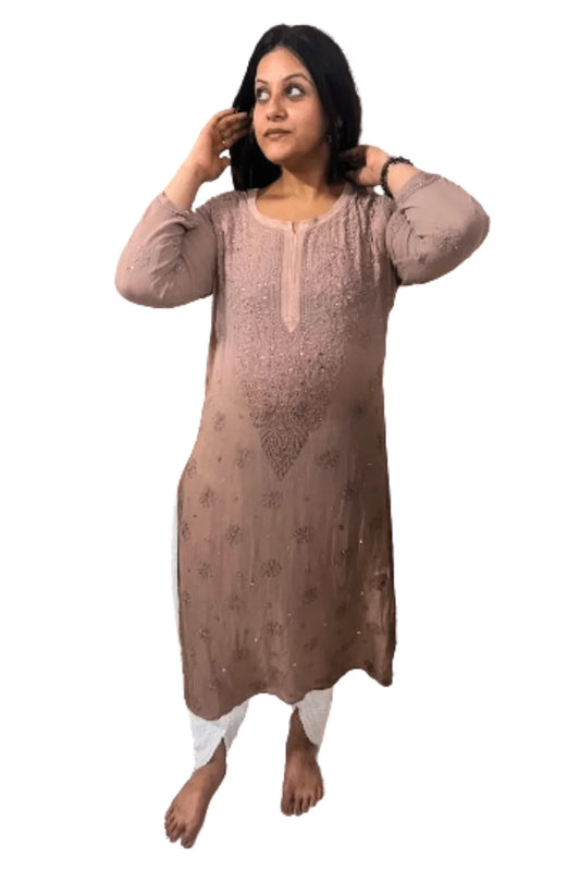 Brown Viscose Mukesh Work Long Kurti - Awadhkari