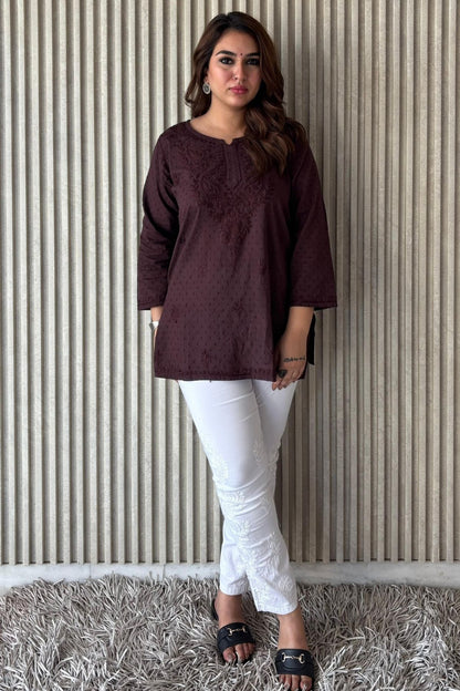 Chocolate Brown Dobby Cotton Chikankari Short Kurta