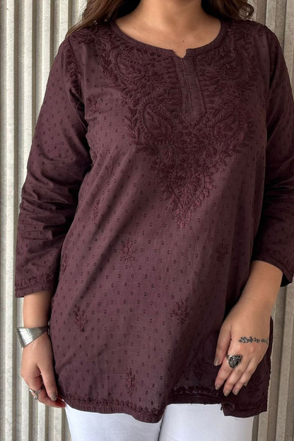 Chocolate Brown Dobby Cotton Chikankari Short Kurta