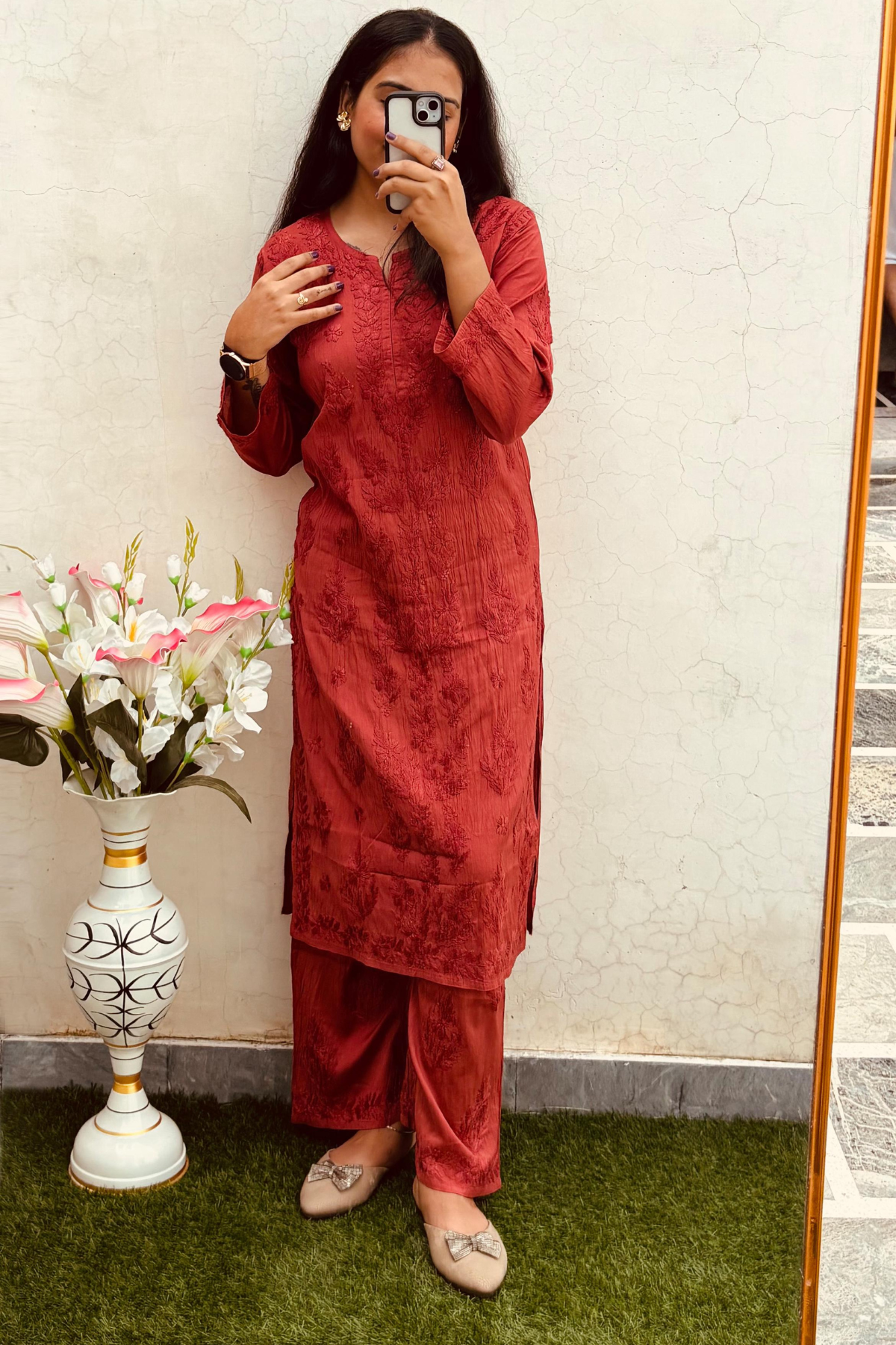 Dusty Orange Palazzo Set - Chanderi Silk - Hand Embroidered Chikankari