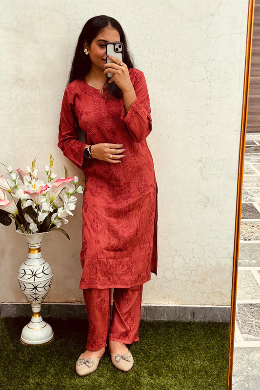 Dusty Orange Palazzo Set - Chanderi Silk - Hand Embroidered Chikankari
