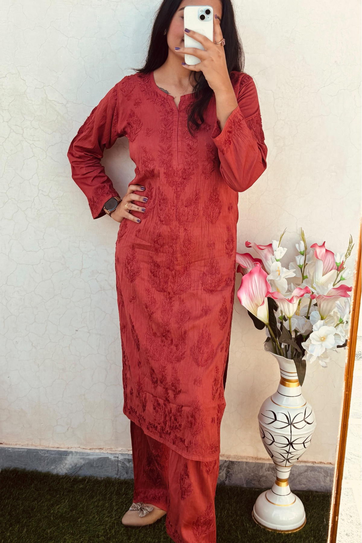 Dusty Orange Palazzo Set - Chanderi Silk - Hand Embroidered Chikankari