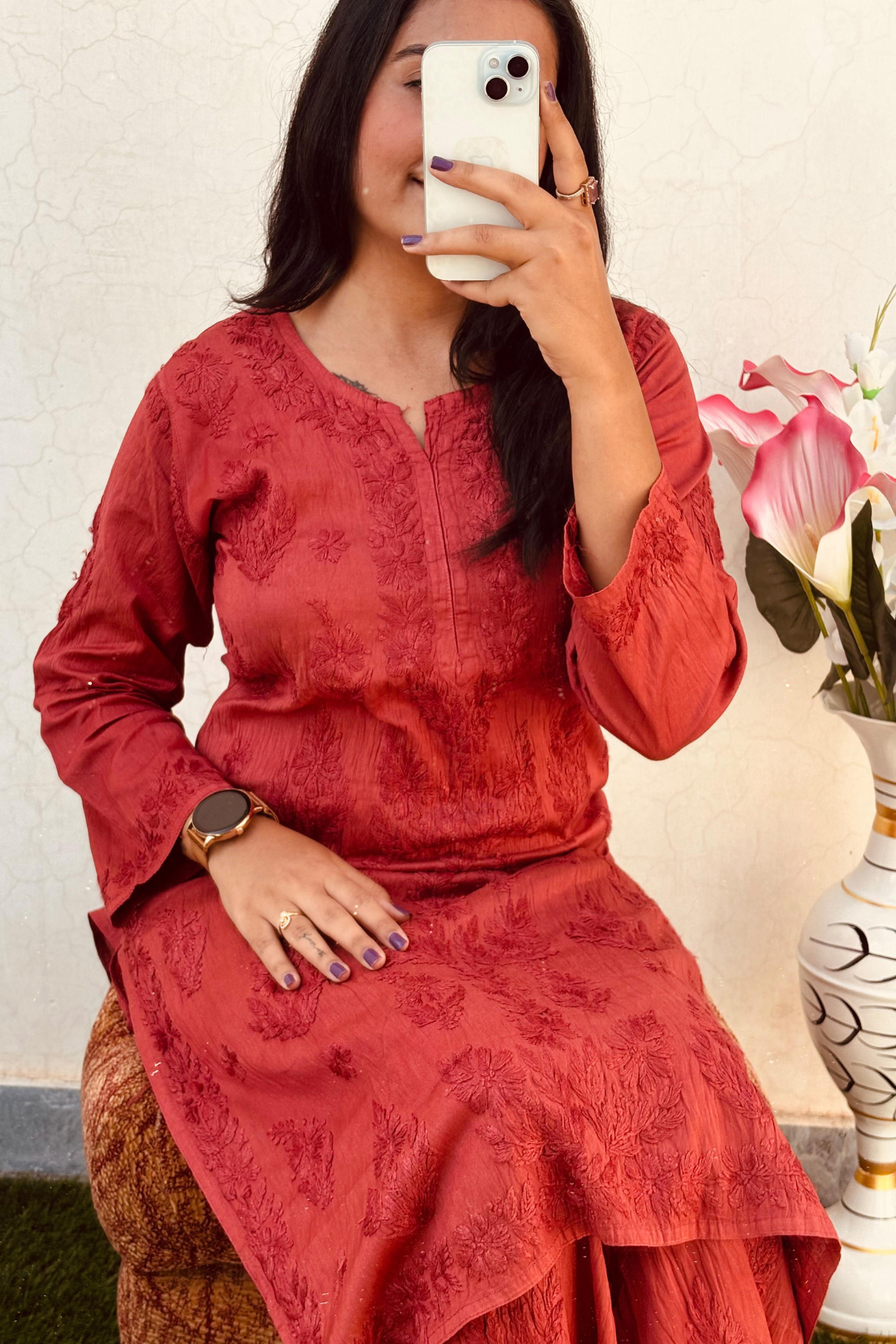 Dusty Orange Palazzo Set - Chanderi Silk - Hand Embroidered Chikankari