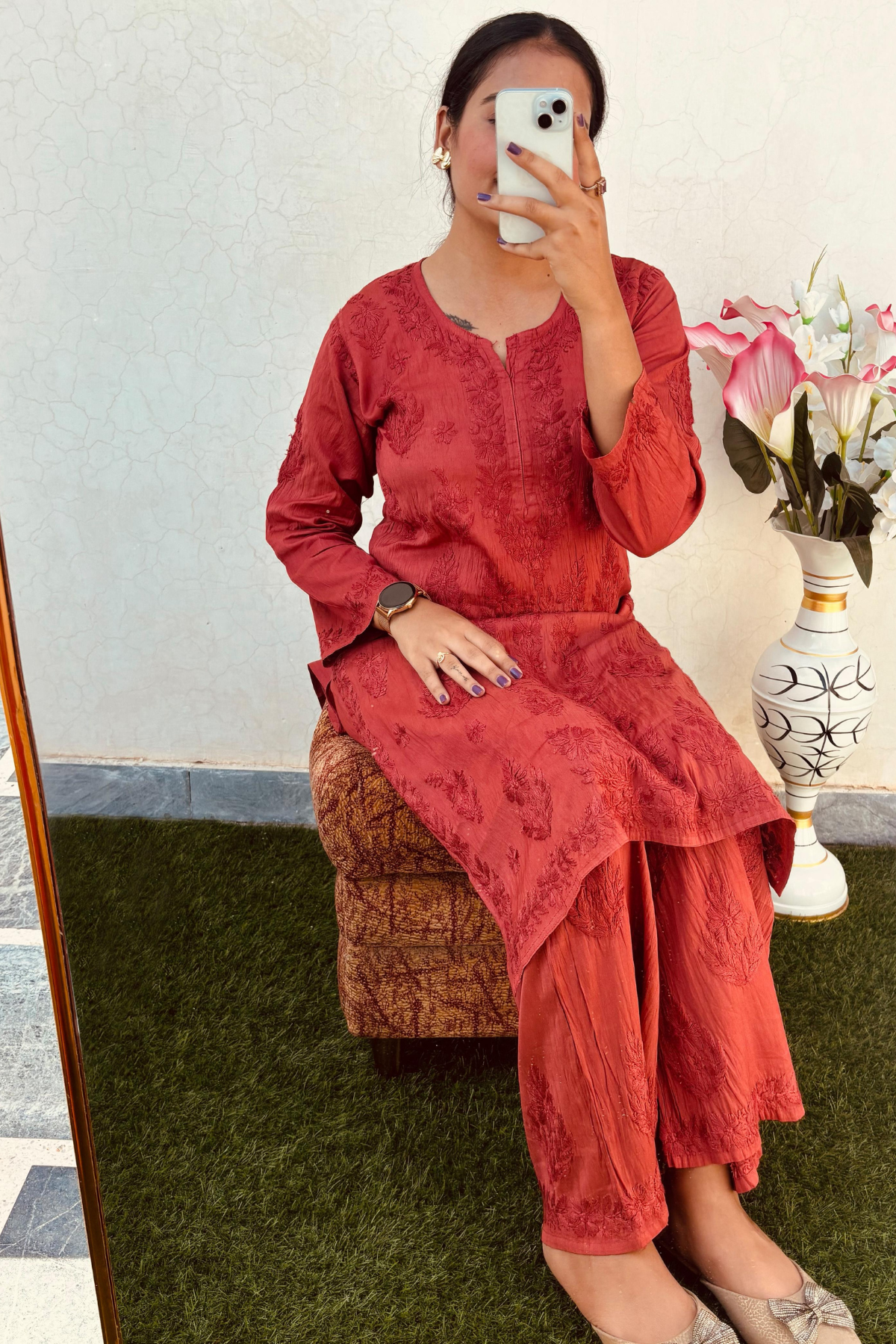 Dusty Orange Palazzo Set - Chanderi Silk - Hand Embroidered Chikankari