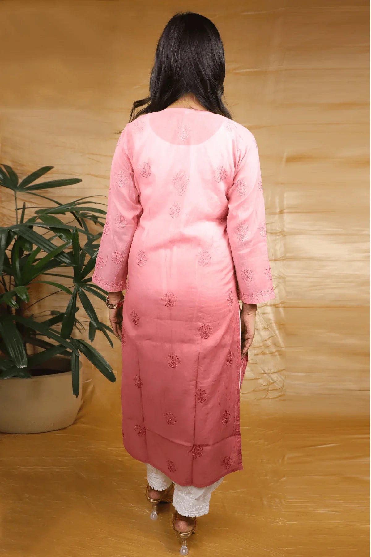 Dusty Peach Ambre Fine Lucknowi Embroidery Pure Mal Chanderi Long Kurti - Awadhkari