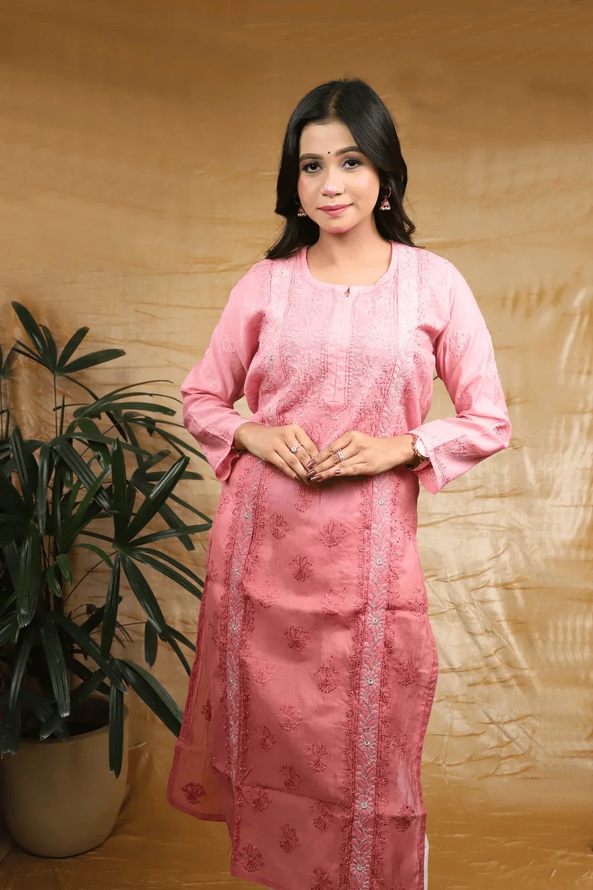 Dusty Peach Ambre Fine Lucknowi Embroidery Pure Mal Chanderi Long Kurti - Awadhkari