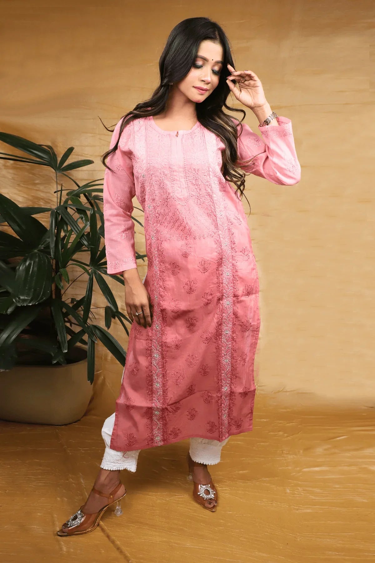 Dusty Peach Ambre Fine Lucknowi Embroidery Pure Mal Chanderi Long Kurti - Awadhkari
