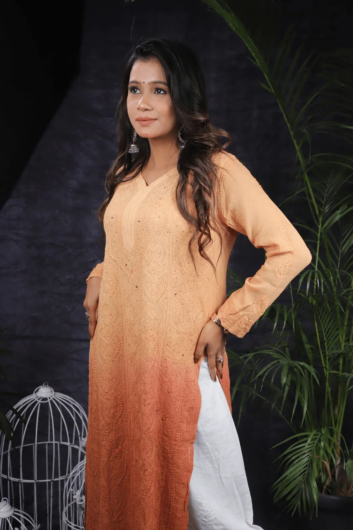 Dusty Peach Ambre Viscose Full Jaal Fine Chikankari Work with Mukesh Long Kurti - Awadhkari