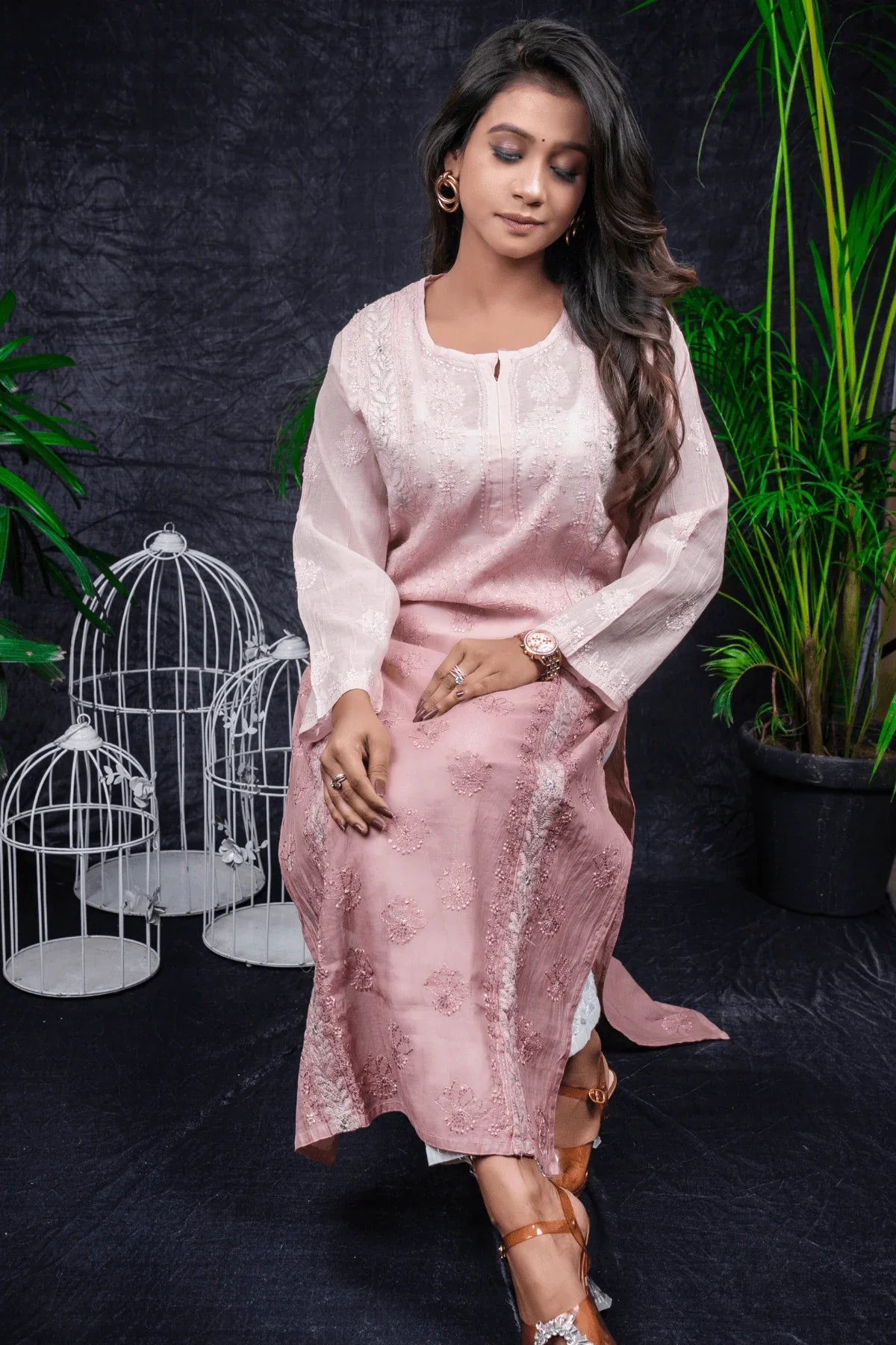 Dusty Pink Ambre Fine Lucknowi Embroidery Pure Mal Chanderi Long Kurti - Awadhkari