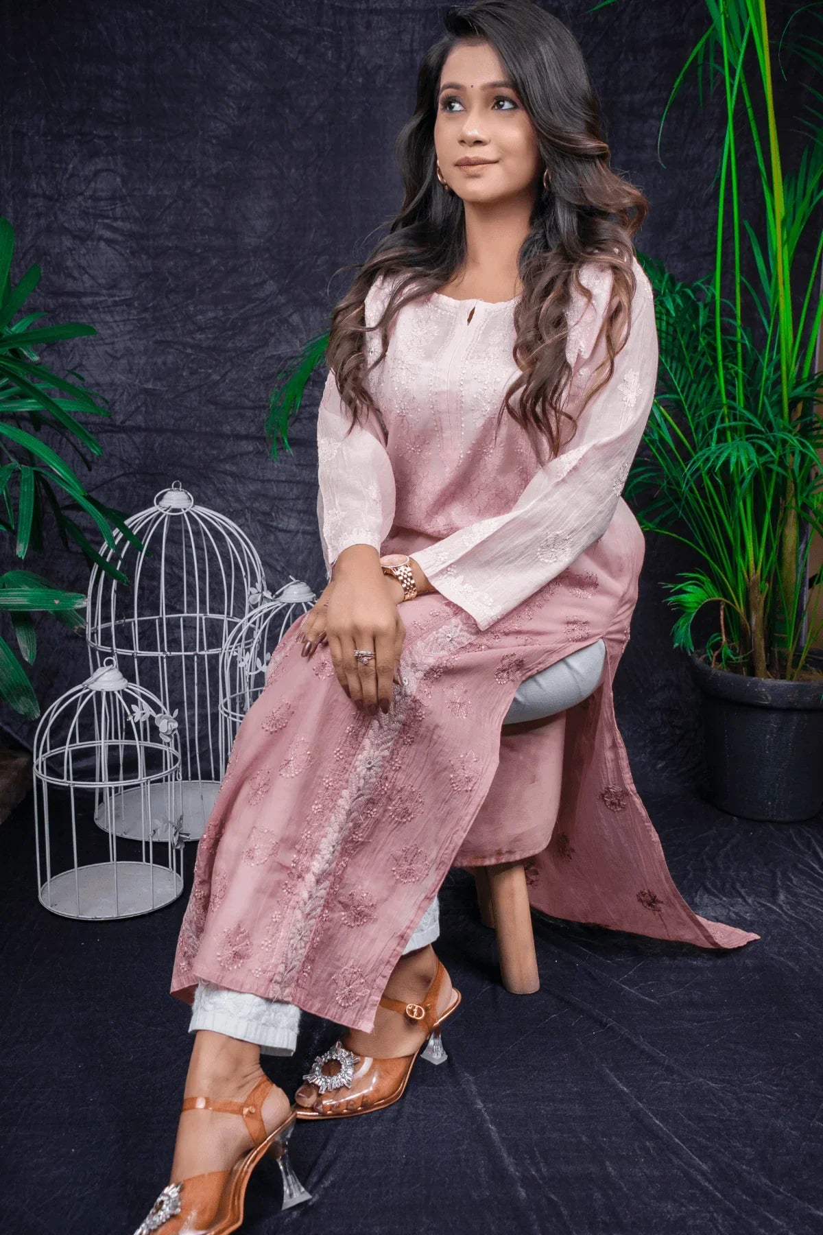 Dusty Pink Ambre Fine Lucknowi Embroidery Pure Mal Chanderi Long Kurti - Awadhkari