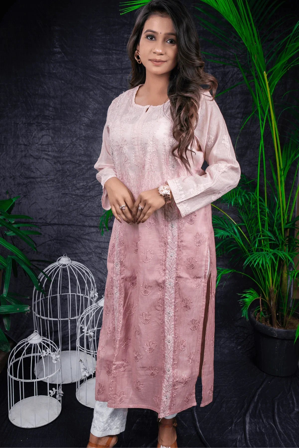 Dusty Pink Ambre Fine Lucknowi Embroidery Pure Mal Chanderi Long Kurti - Awadhkari
