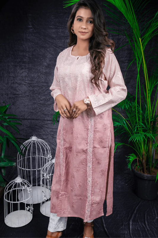 Dusty Pink Ambre Fine Lucknowi Embroidery Pure Mal Chanderi Long Kurti - Awadhkari