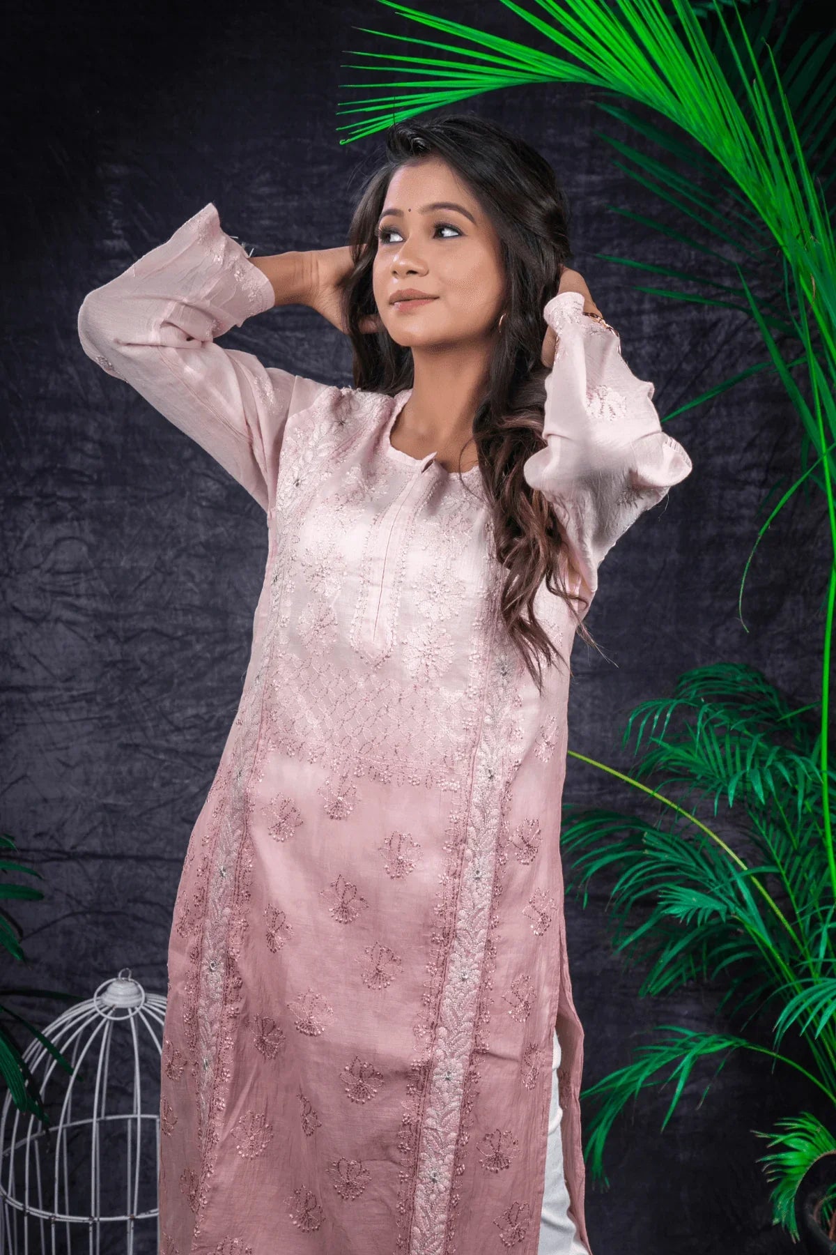 Dusty Pink Ambre Fine Lucknowi Embroidery Pure Mal Chanderi Long Kurti - Awadhkari
