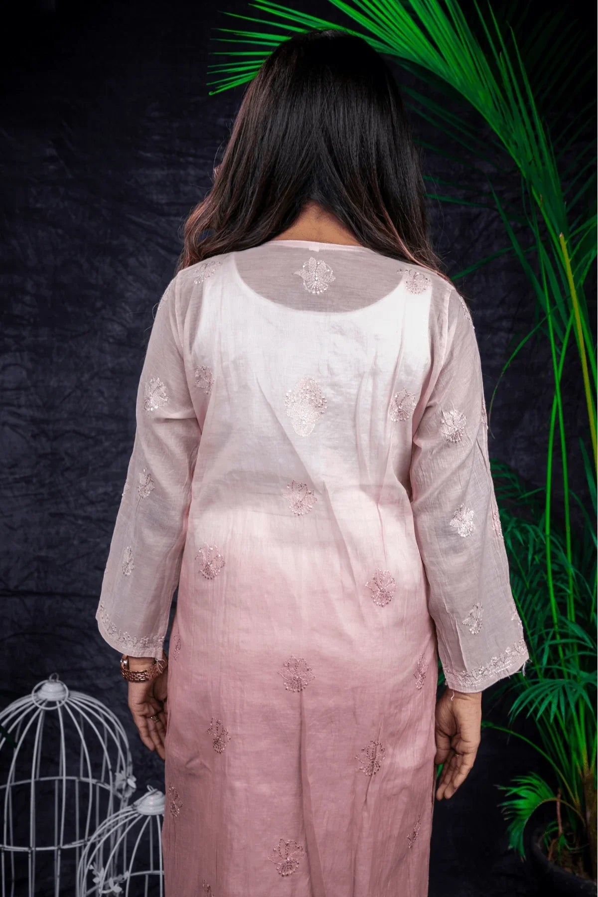Dusty Pink Ambre Fine Lucknowi Embroidery Pure Mal Chanderi Long Kurti - Awadhkari