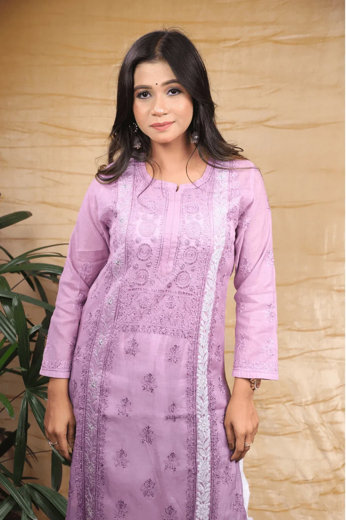 Dusty Purple Ambre Fine Lucknowi Embroidery Pure Mal Chanderi Long Kurti - Awadhkari