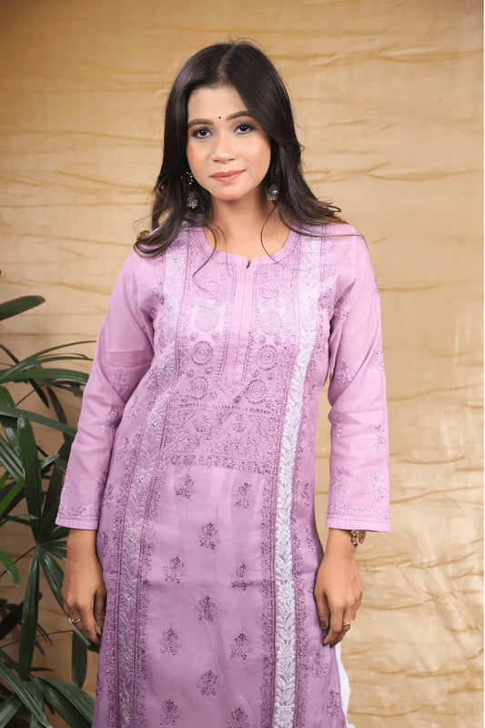 Dusty Purple Ambre Fine Lucknowi Embroidery Pure Mal Chanderi Long Kurti - Awadhkari