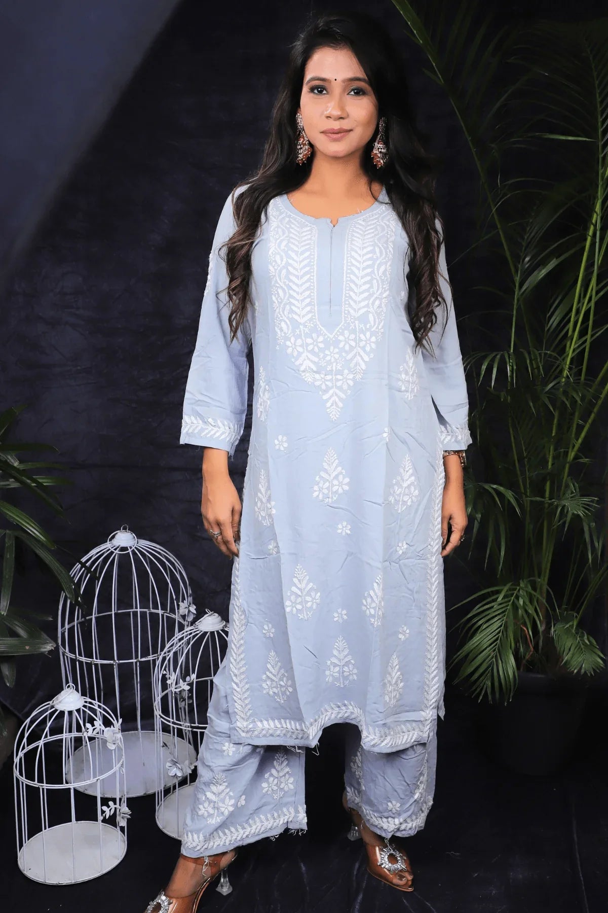 Grey Modal Cotton Chikankari Long Kurti Palazzo Set - Awadhkari
