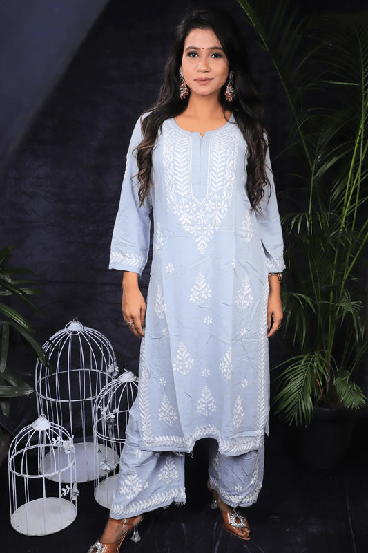 Grey Modal Cotton Chikankari Long Kurti Palazzo Set - Awadhkari