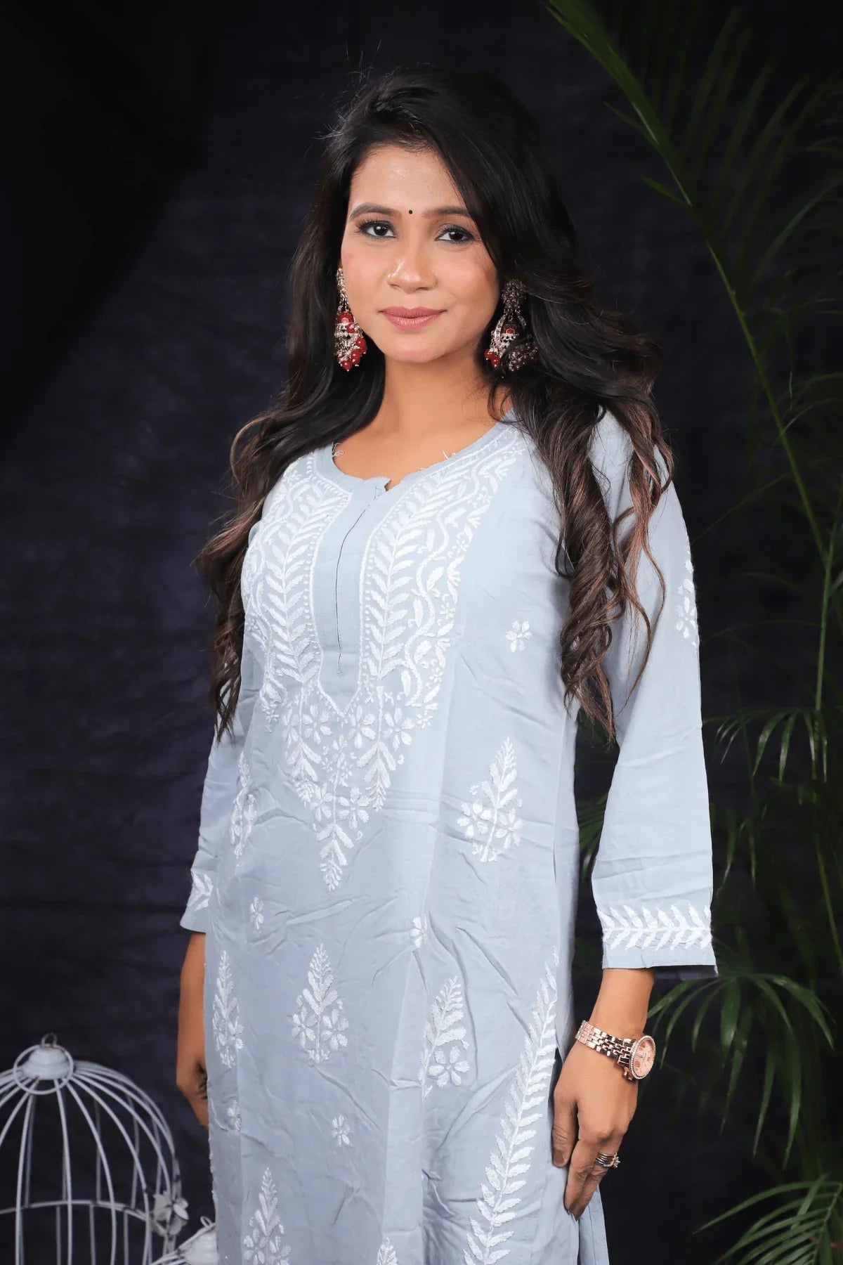 Grey Modal Cotton Chikankari Long Kurti Palazzo Set - Awadhkari