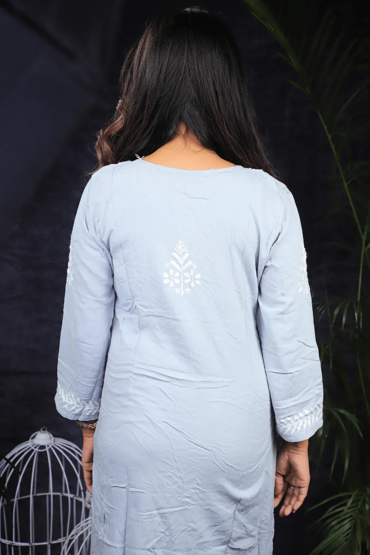Grey Modal Cotton Chikankari Long Kurti Palazzo Set - Awadhkari