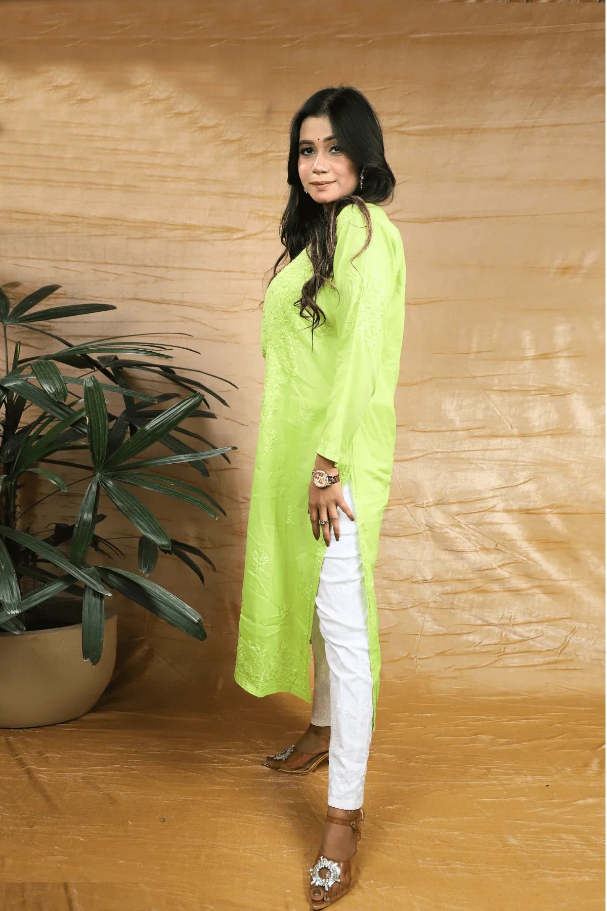 Lemon Green Mal Cotton Chikankari Resham Thread Long Kurti - Awadhkari