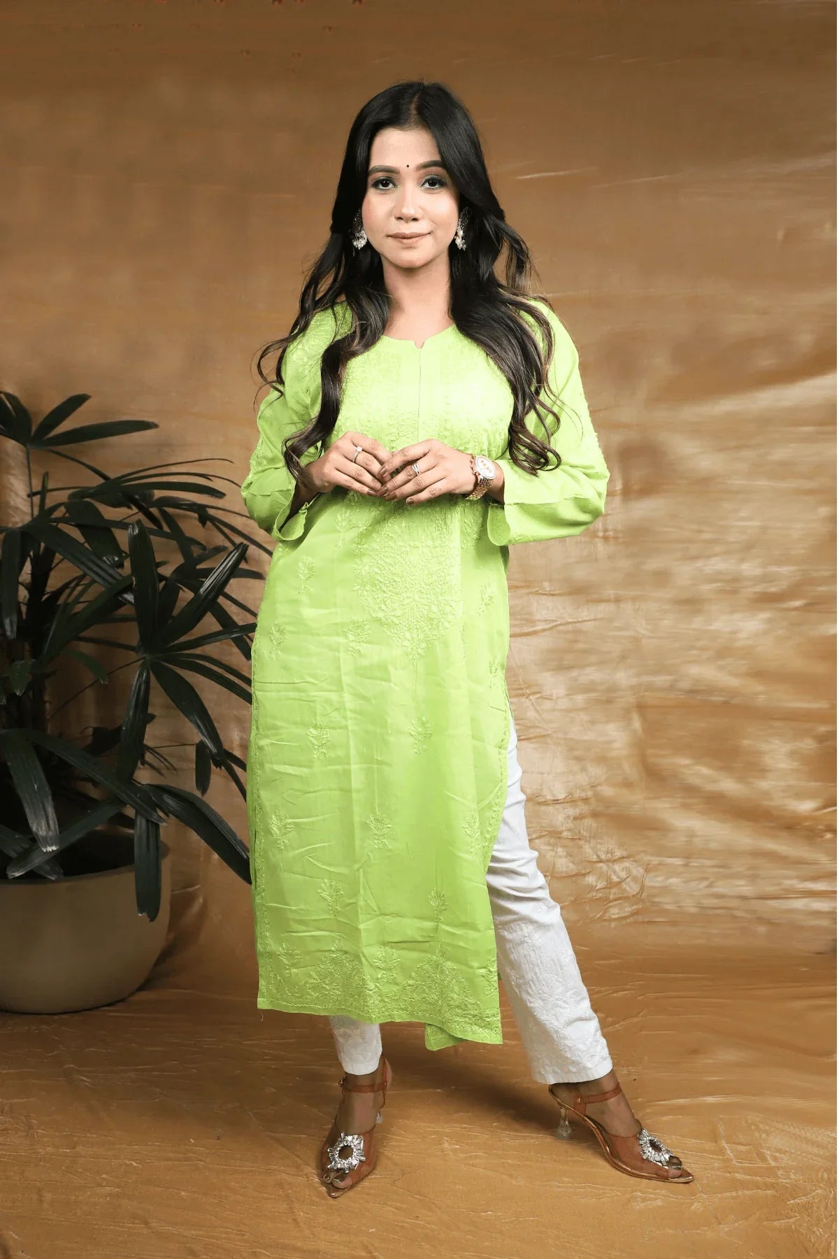 Lemon Green Mal Cotton Chikankari Resham Thread Long Kurti - Awadhkari