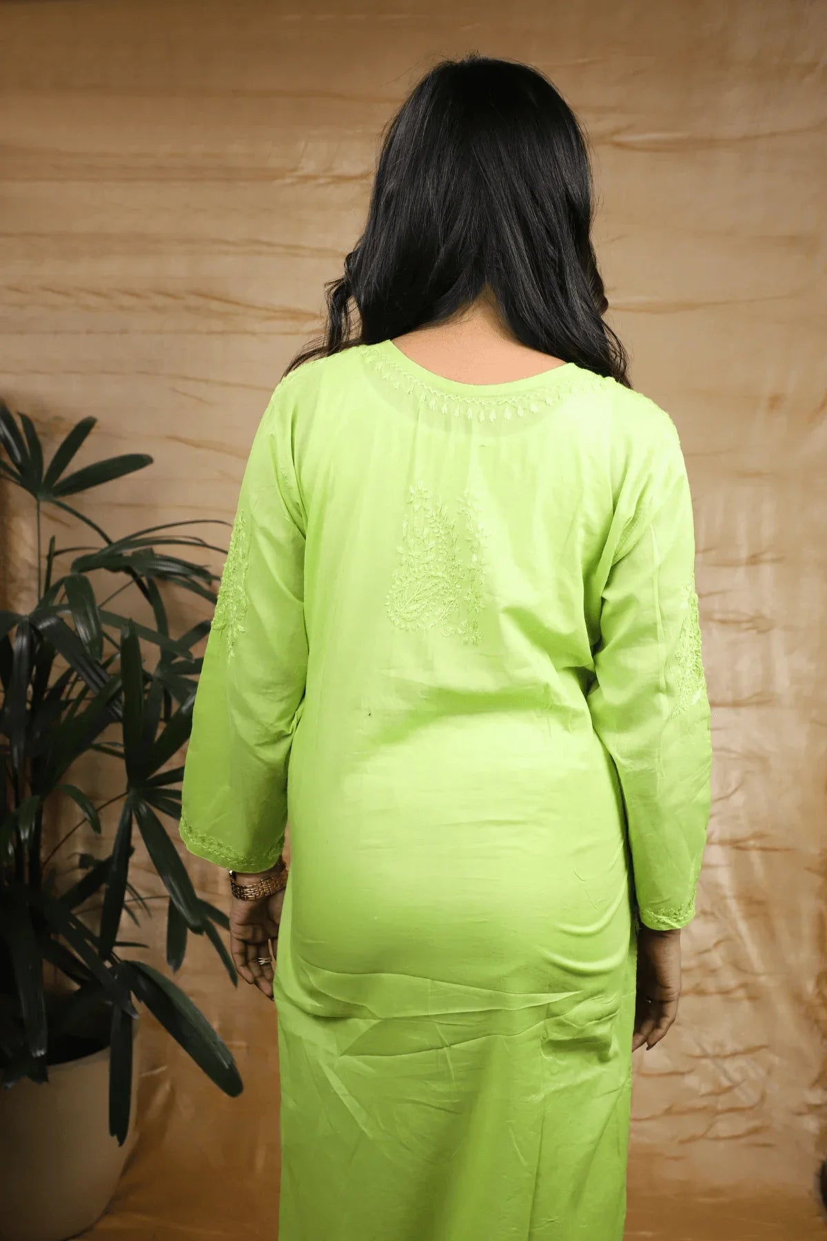 Lemon Green Mal Cotton Chikankari Resham Thread Long Kurti - Awadhkari