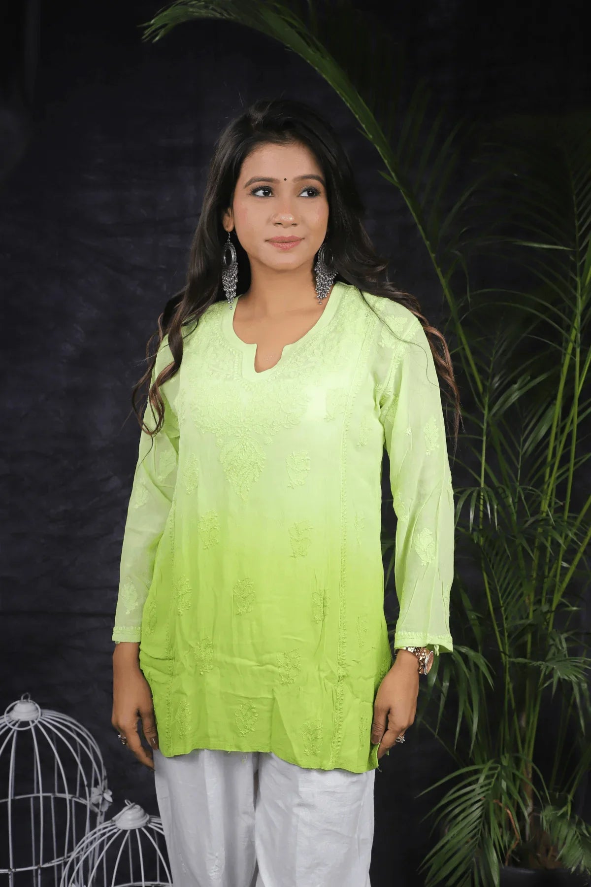 Green Ambre Mal Cotton Chikankari Handwork Short Kurti - Awadhkari