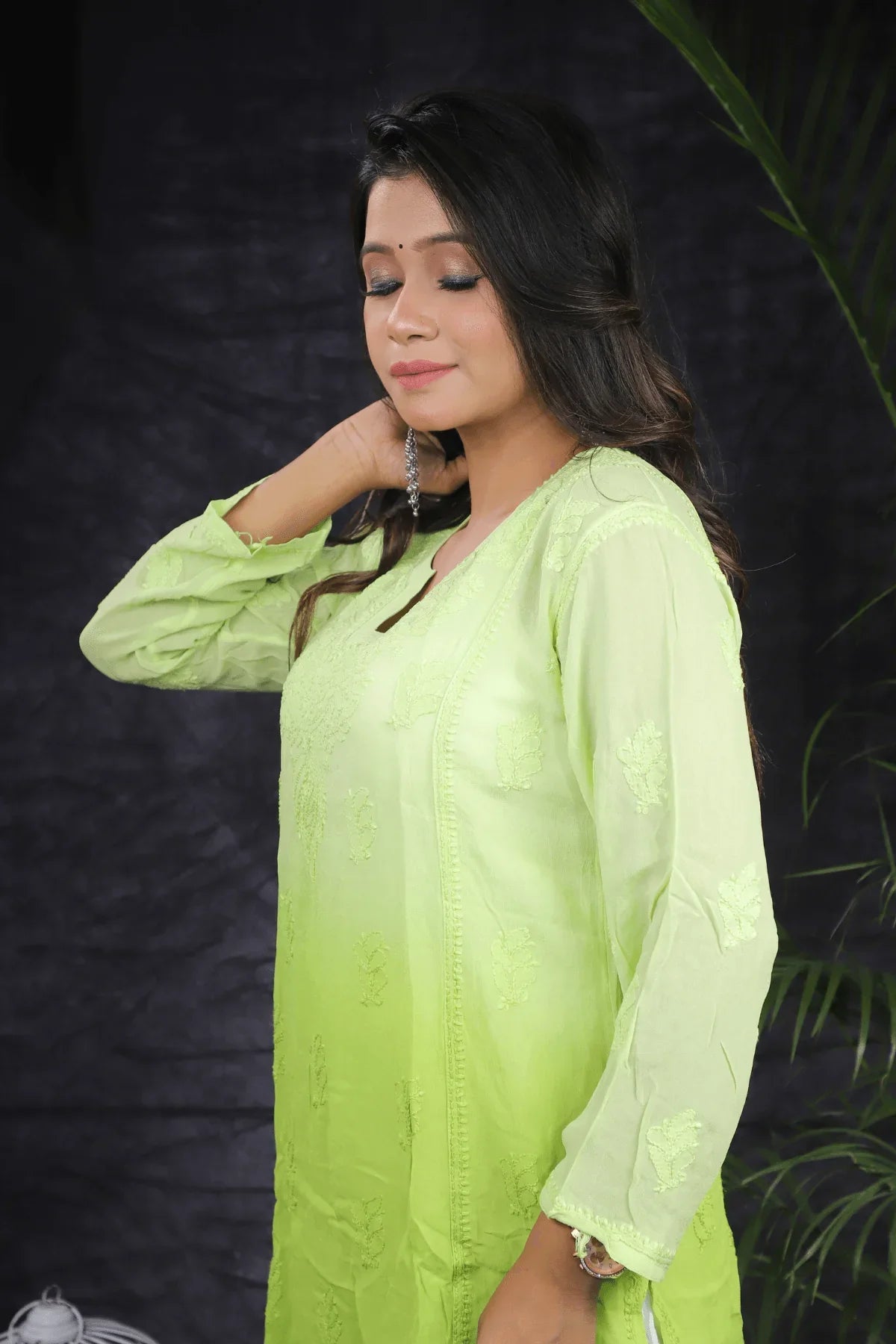 Green Ambre Mal Cotton Chikankari Handwork Short Kurti - Awadhkari