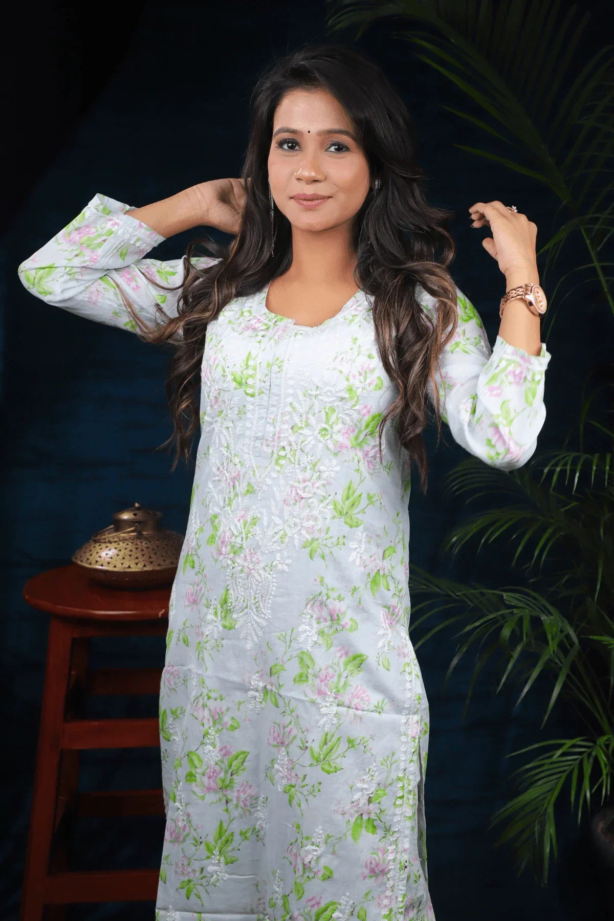 Light Green Floral Print Mal Cotton Palazzo Set - Awadhkari