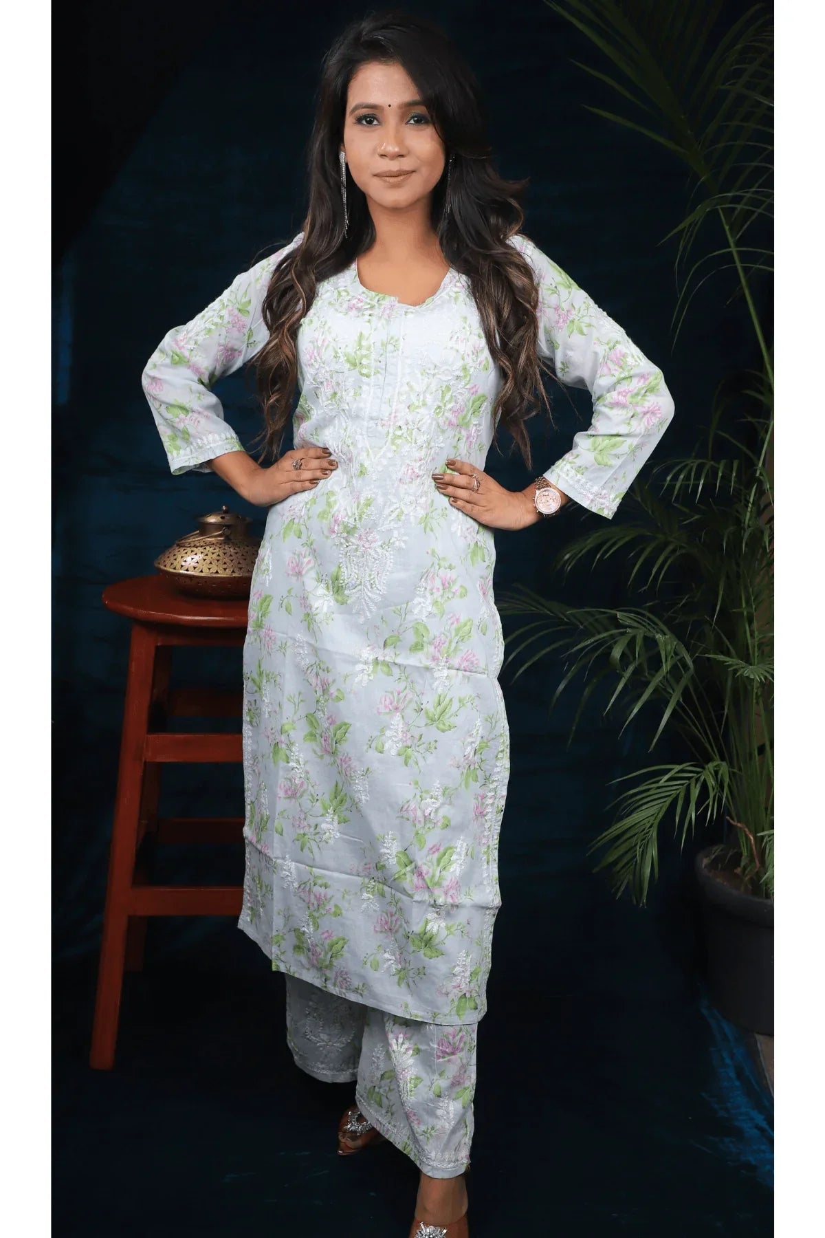 Light Green Floral Print Mal Cotton Palazzo Set - Awadhkari