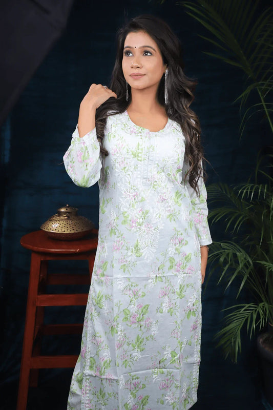 Light Green Floral Print Mal Cotton Palazzo Set - Awadhkari