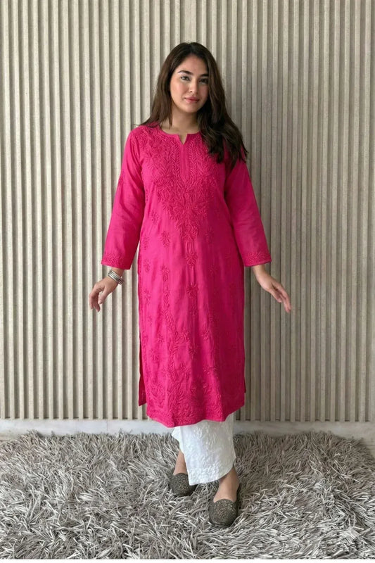 Awadhkari Lucknowi Chikankari Beautiful Modal Anchor Thread 3D Work Kurti with Rayon Plazo - Dark Pink - Awadhkari