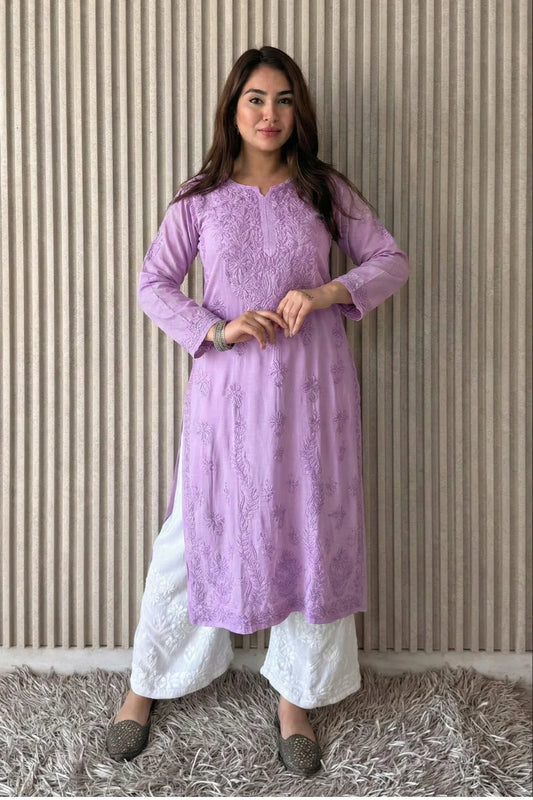 Awadhkari Lucknowi Chikankari Beautiful Modal Anchor Thread 3D Work Kurti with Rayon Plazo -Lavender Purple - Awadhkari