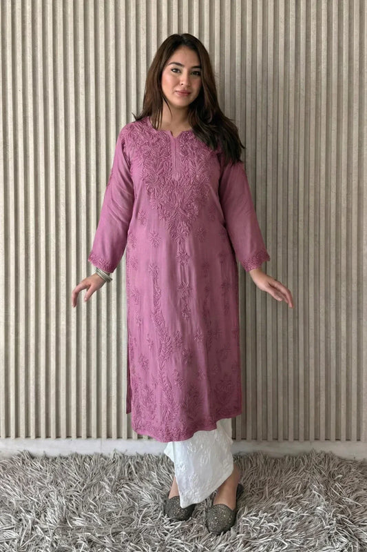 Awadhkari Lucknowi Chikankari Beautiful Modal Anchor Thread 3D Work Kurti with Rayon Plazo - Mauve Gulaab Purple - Awadhkari