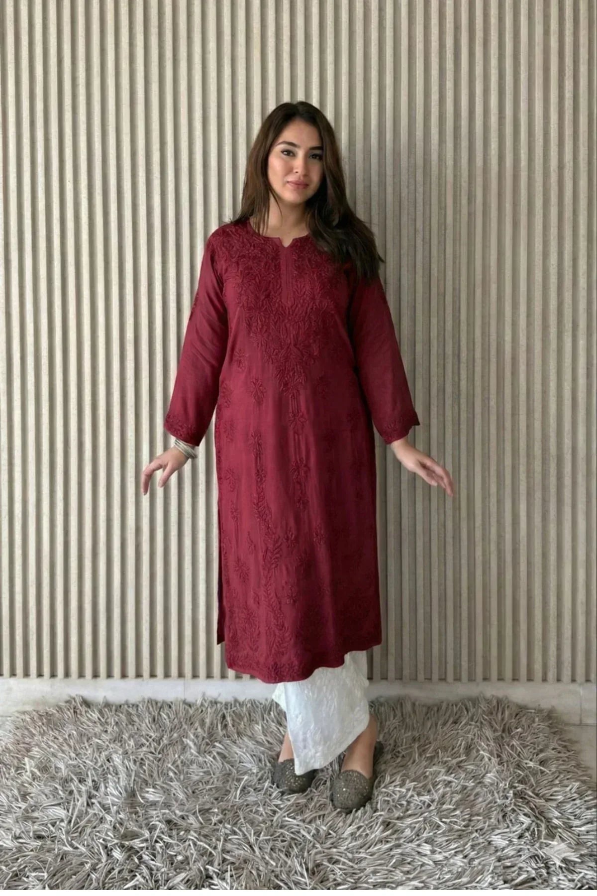 Awadhkari Lucknowi Chikankari Beautiful Modal Anchor Thread 3D Work Kurti with Rayon Plazo - Meroon Brown - Awadhkari