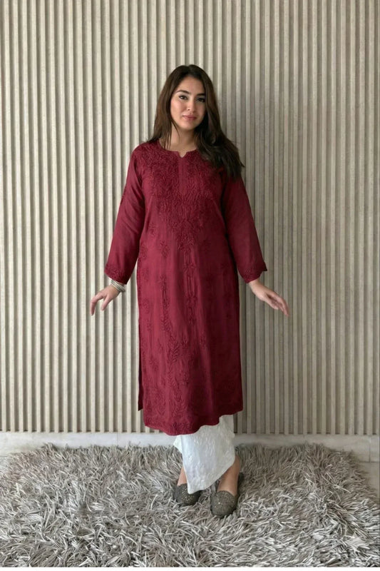 Awadhkari Lucknowi Chikankari Beautiful Modal Anchor Thread 3D Work Kurti with Rayon Plazo - Meroon Brown - Awadhkari