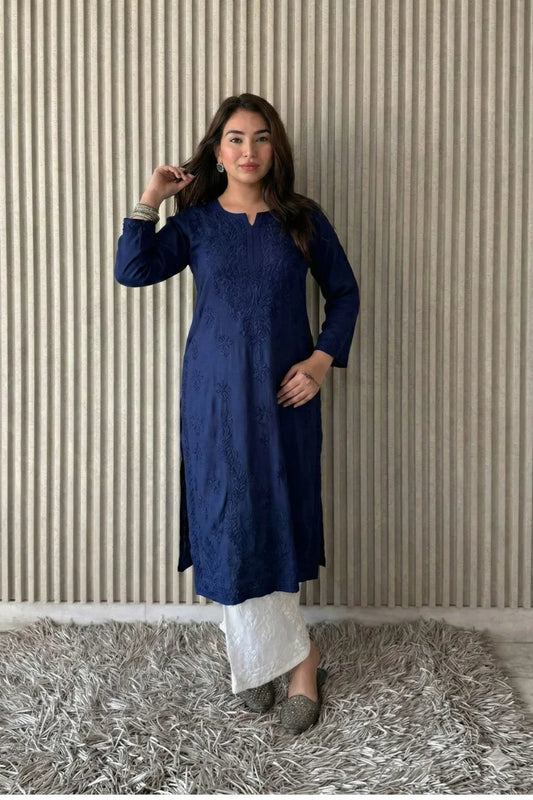 Awadhkari Lucknowi Chikankari Beautiful Modal Anchor Thread 3D Work Kurti with Rayon Plazo - Navy Blue - Awadhkari