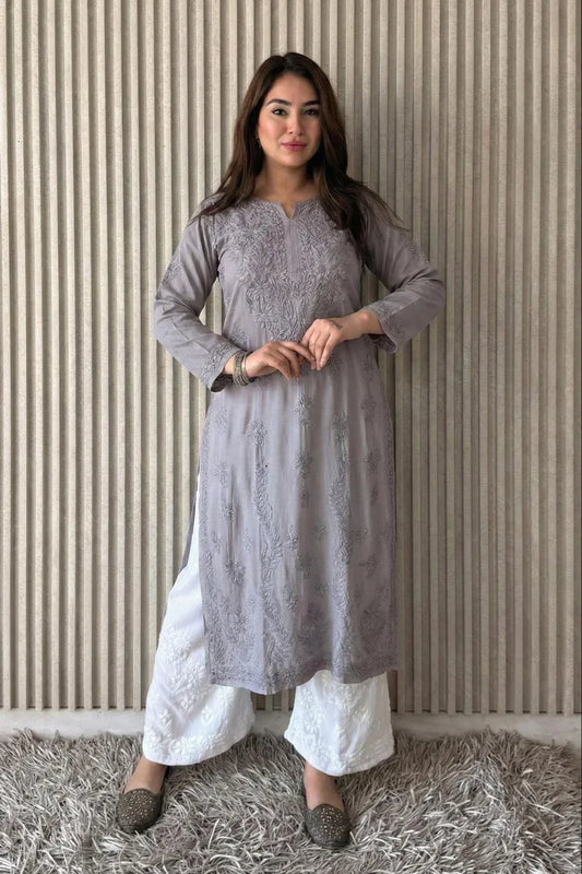 Awadhkari Lucknowi Chikankari Beautiful Modal Anchor Thread 3D Work Kurti with Rayon Plazo - Pestal Grey - Awadhkari