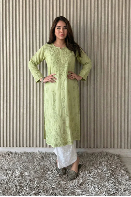 Awadhkari Lucknowi Chikankari Beautiful Modal Anchor Thread 3D Work Kurti with Rayon Plazo - Pistachio Green - Awadhkari