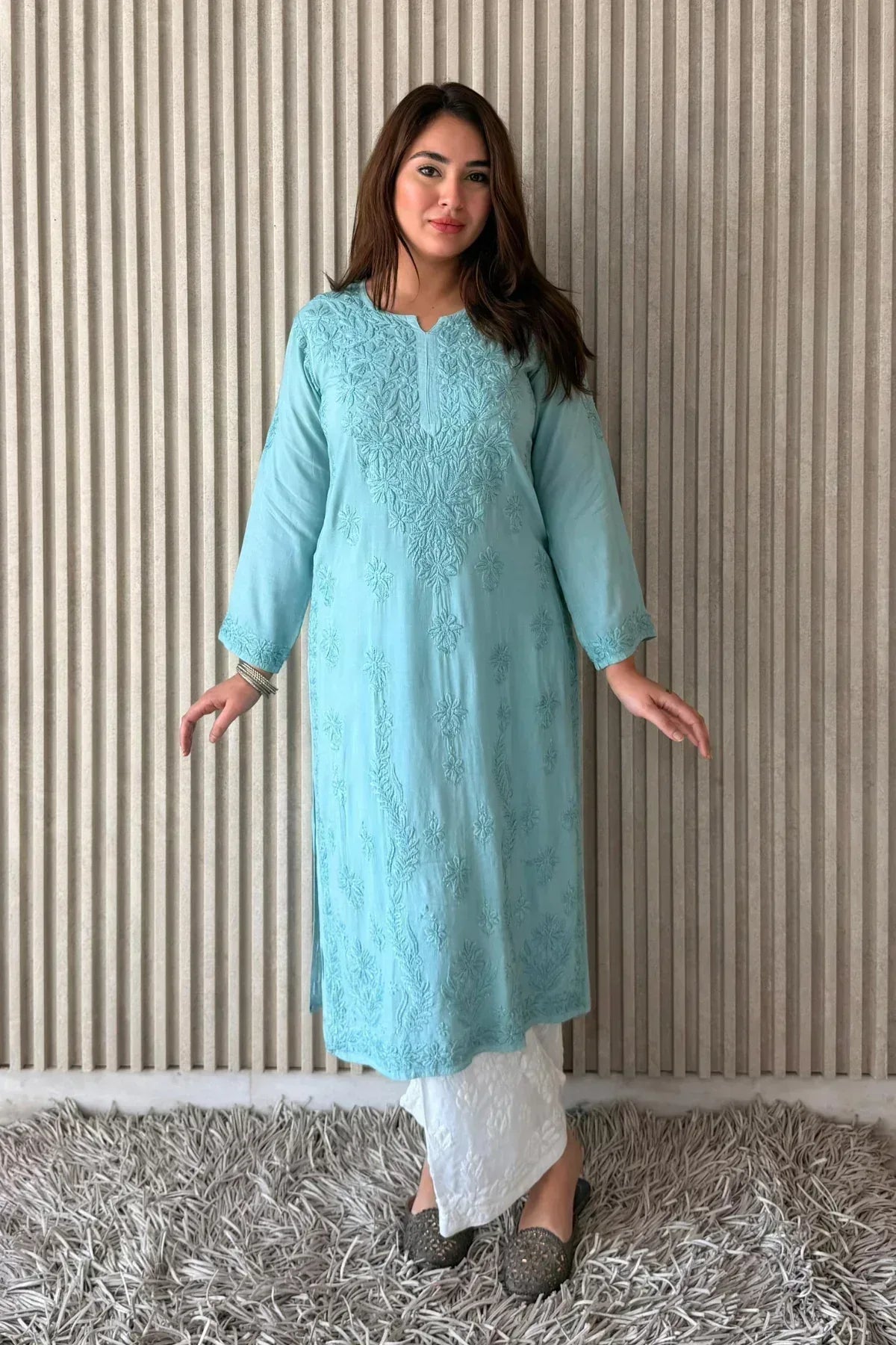 Awadhkari Lucknowi Chikankari Beautiful Modal Anchor Thread 3D Work Kurti with Rayon Plazo - Powder Blue - Awadhkari