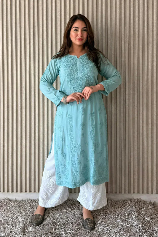 Awadhkari Lucknowi Chikankari Beautiful Modal Anchor Thread 3D Work Kurti with Rayon Plazo - Powder Blue - Awadhkari