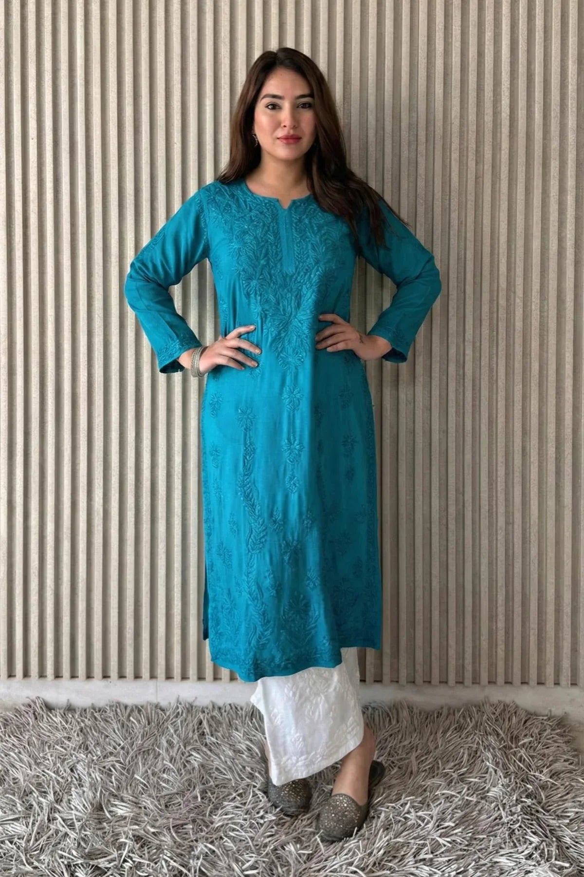 Awadhkari Lucknowi Chikankari Beautiful Modal Anchor Thread 3D Work Kurti with Rayon Plazo - Turkish Blue - Awadhkari