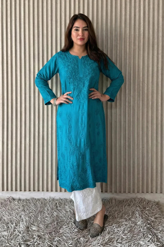 Awadhkari Lucknowi Chikankari Beautiful Modal Anchor Thread 3D Work Kurti with Rayon Plazo - Turkish Blue - Awadhkari