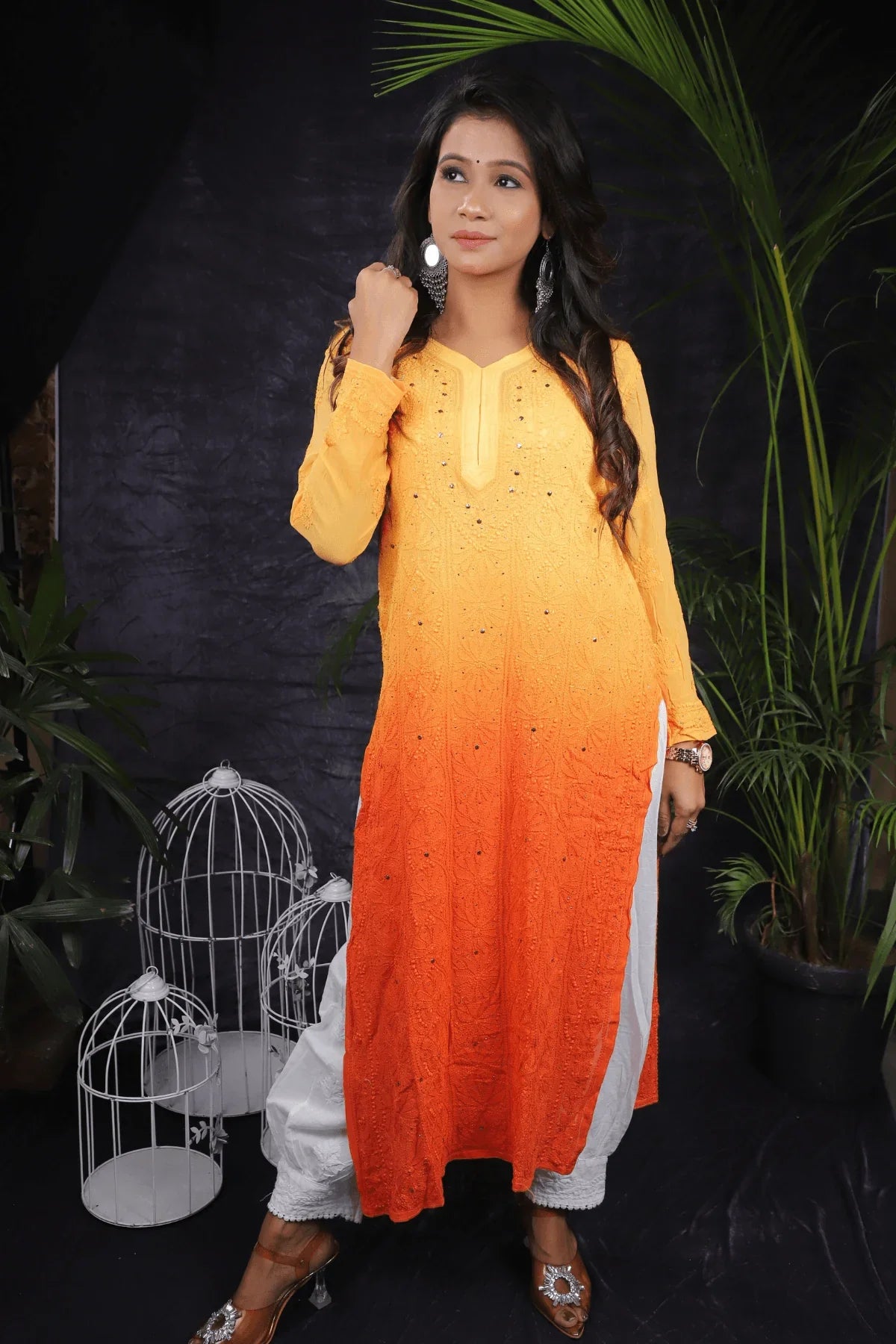 Orange Ambre Viscose Full Jaal Fine Chikankari Work with Mukesh Long Kurti - Awadhkari