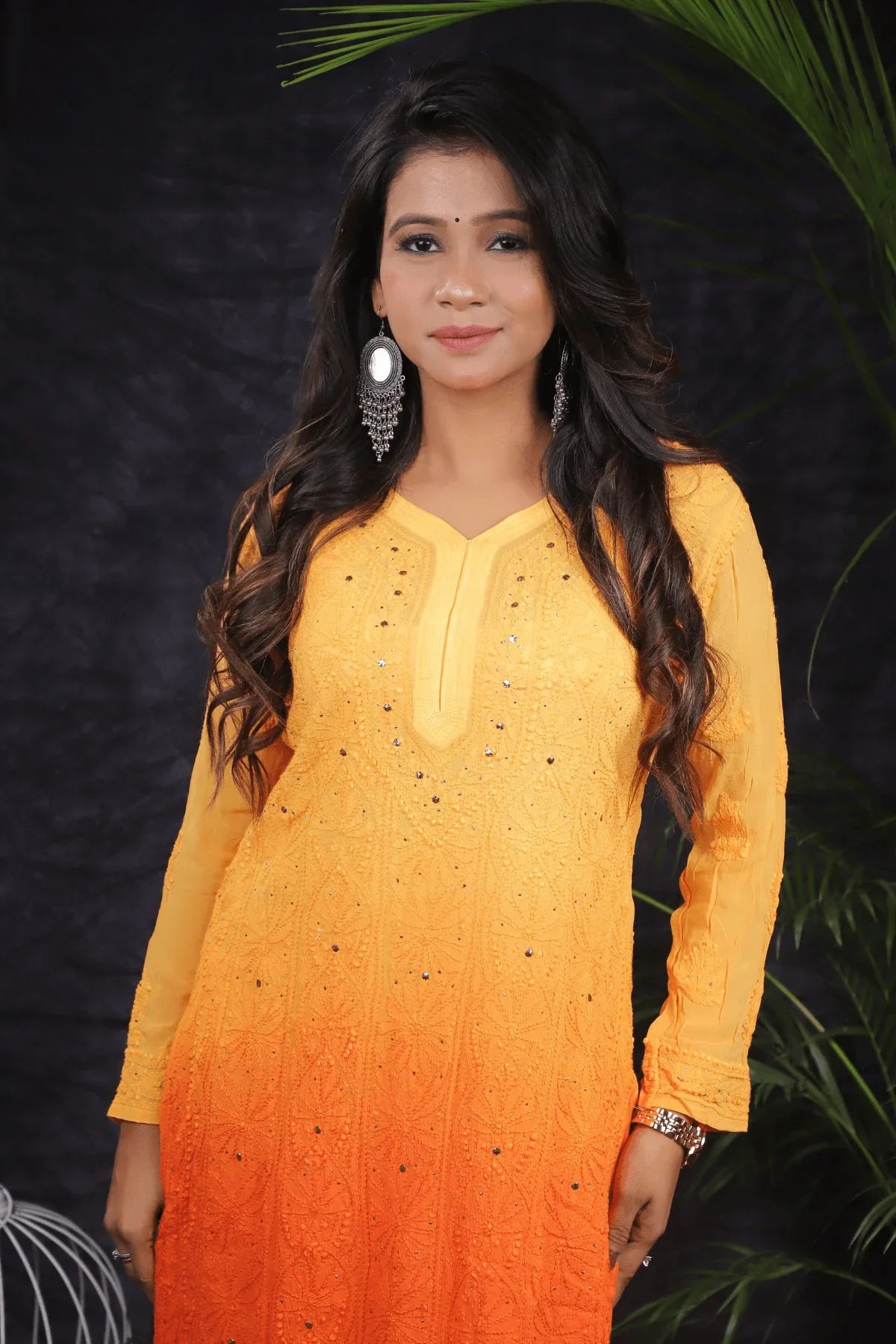 Orange Ambre Viscose Full Jaal Fine Chikankari Work with Mukesh Long Kurti - Awadhkari