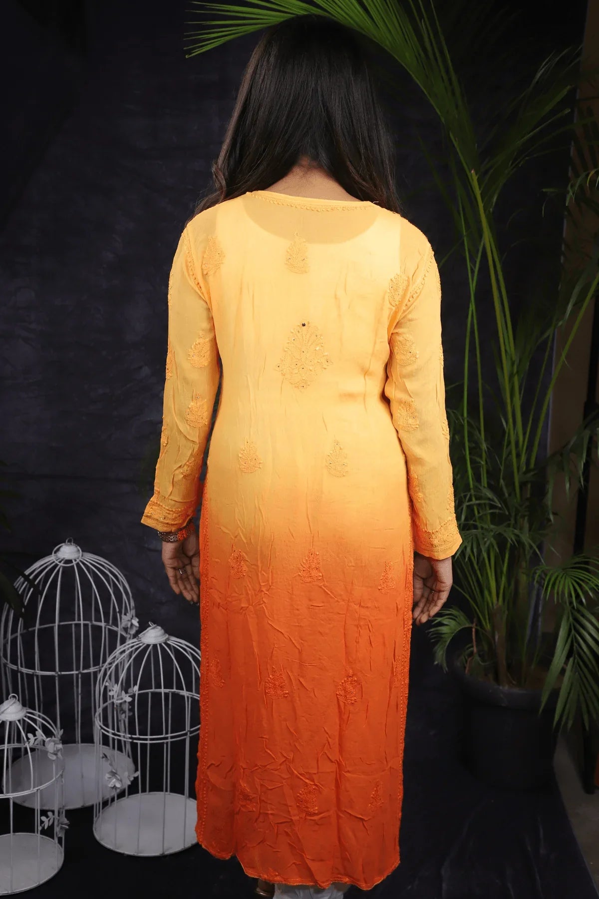 Orange Ambre Viscose Full Jaal Fine Chikankari Work with Mukesh Long Kurti - Awadhkari