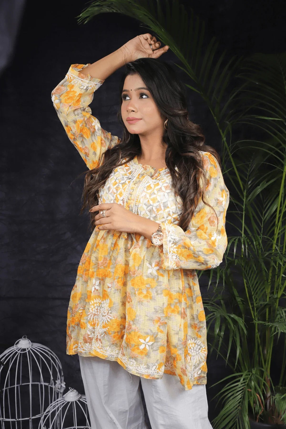 Orange Kota Cotton Chikankari Frock Style Short Kurti - Awadhkari