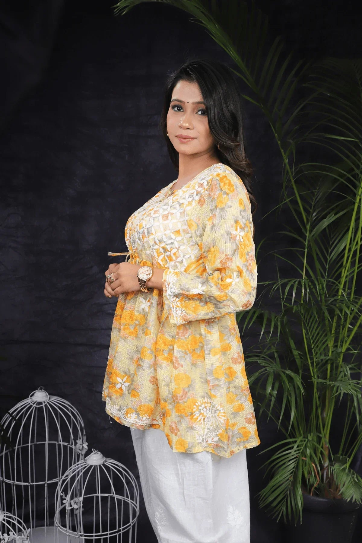 Orange Kota Cotton Chikankari Frock Style Short Kurti - Awadhkari